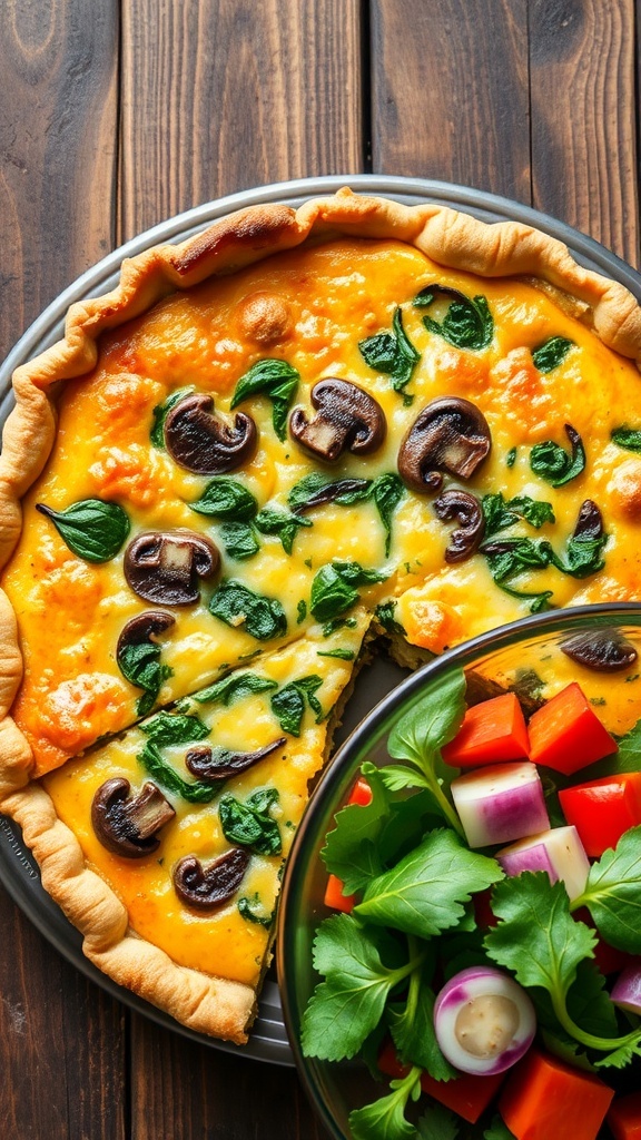 Classic Winter Quiche Recipe A golden-brown quiche filled with spinach and mushrooms, garnished with herbs, served on a wooden table with a side salad.